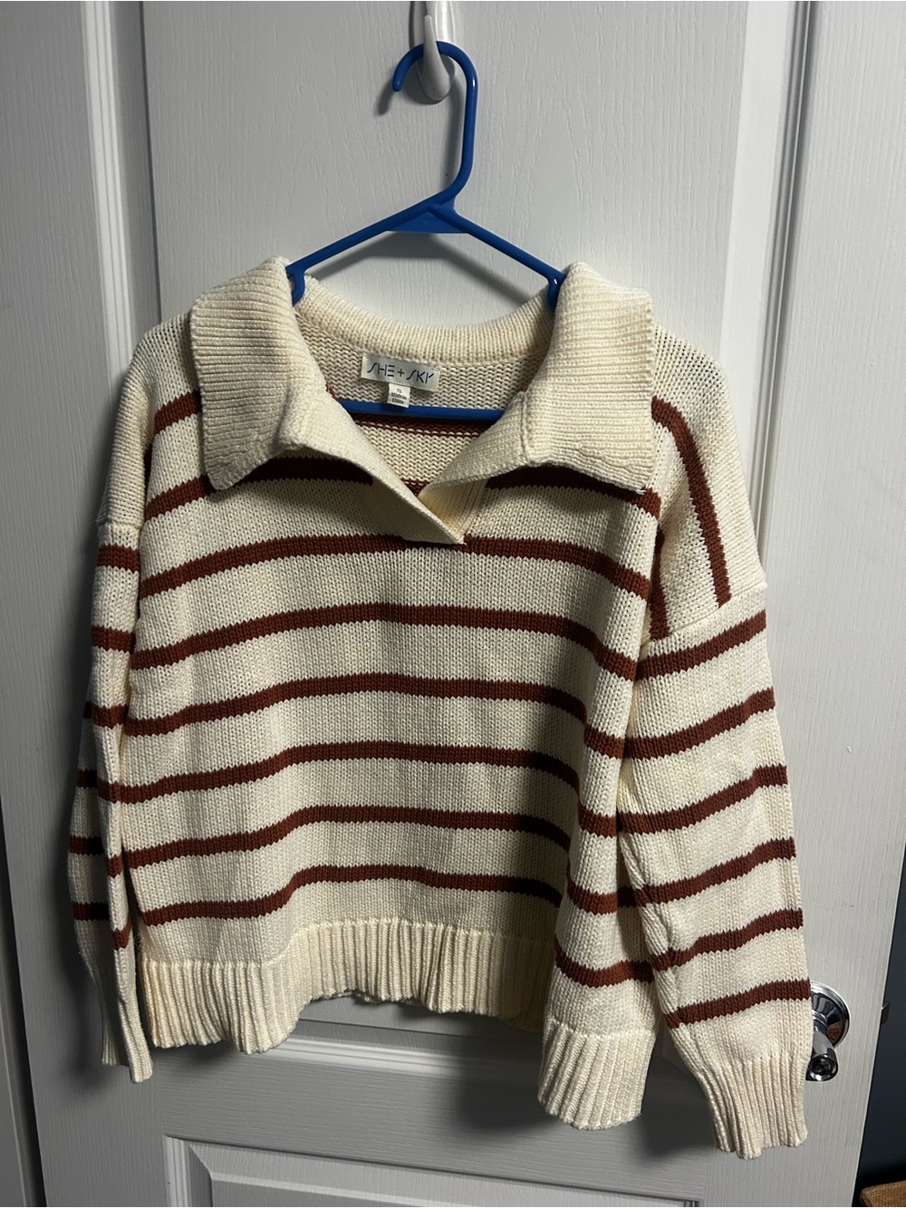 She + Sky Cream Sweater with Brown Stripes